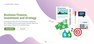 İş finans, yatırım ve strateji. Büyüme ve kar, yatırım akışı ve iş hayatındaki başarısının mali grafik. Web banner veya vektör çizim Infographic için düz tasarım şablonu.