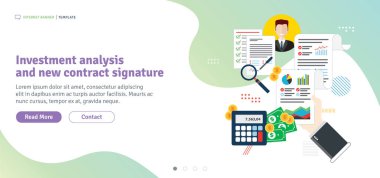 Yatırım analizi ve yeni sözleşme imza. Yatırım veri ve grafikler büyüme ile rapor. Simgeler vektör çizim ile web banner veya Infographic için düz tasarım şablonu.