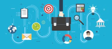 İşbirliği stratejisi, iş vizyon ve liderlik. Bir evrak çantası tutan işadamı el. Hedef, evrak çantası, banka, office, hesap makinesi, DünyaHarita ve iş simgeleri. Düz tasarlamak vektör. 