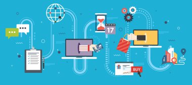 Online Alışveriş Mağazası ve e-ticaret. Satın al, satış, ödeme ve teslimat ürün. E-ticaret, online alışveriş, kredi kartı, dizüstü bilgisayar, destek ve teslimat simgeler. Düz tasarlamak vektör.