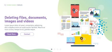 Dosyaları, belgeleri, resimleri ve videoları siliniyor. Dizüstü bilgisayar, bilgisayar ve cep telefonu silme dosyaları ve belgeleri. Web banner veya vektör çizim Infographic için düz tasarım şablonu.