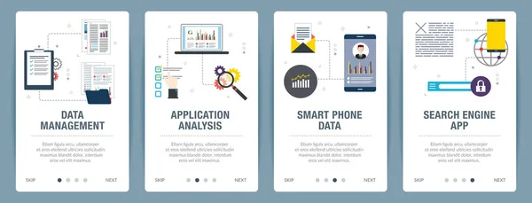 Data Management, applicatie analyse, smartphone data en zoekmachine app. — Stockvector