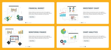 Finansal piyasa ve yatırım grafiği simgeleri ile internet afiş seti.