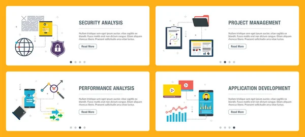 Set di banner Internet di sicurezza, gestione dei progetti, prestazioni e icone delle applicazioni . — Vettoriale Stock