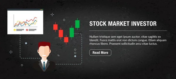 Investidor no mercado de ações, banner internet com ícones no vetor . — Vetor de Stock