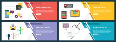 İletişim, pazarlama ve strateji simgeleri Internet afiş seti.