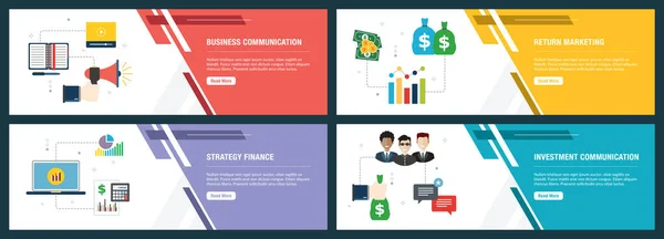 Internet-Banner mit Symbolen für Unternehmen, Kommunikation und Finanzen. — Stockvektor