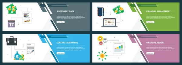 Internet-Banner mit Vertragsunterschrift, Investitions- und Geschäftssymbolen. — Stockvektor