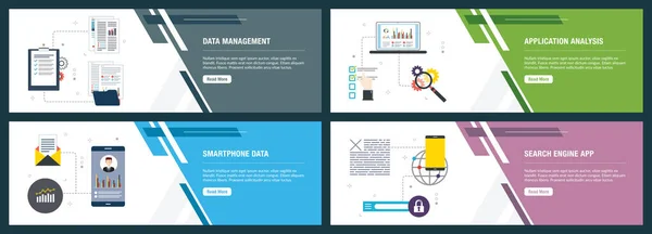 Data Management, applicatie analyse, smartphone data en zoekmachine app. — Stockvector