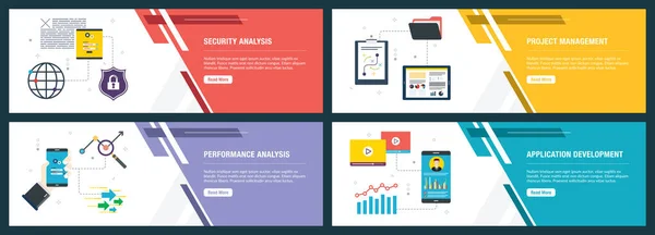 Set di banner Internet di sicurezza, gestione dei progetti, prestazioni e icone delle applicazioni . — Vettoriale Stock