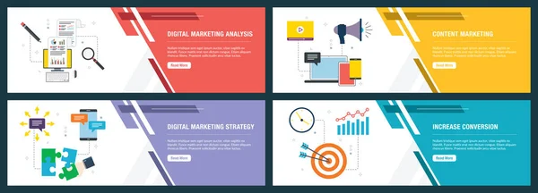 Set di banner Internet con icone digitali, analitiche e strategiche di marketing . — Vettoriale Stock