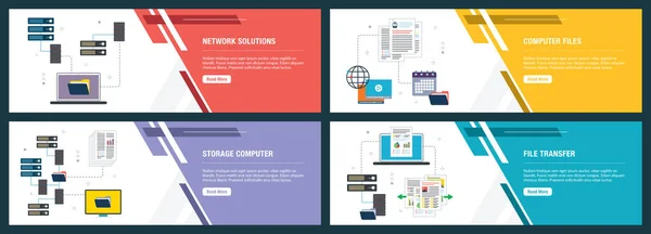 Solutions réseau, fichiers informatiques, ordinateur de stockage et transfert de fichiers — Image vectorielle
