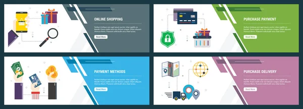 Online-Einkauf, Bezahlung, Zahlungsmethoden und Lieferung. — Stockvektor
