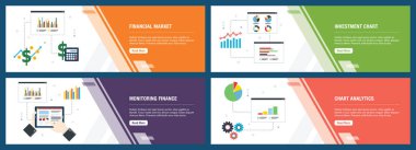 Finansal piyasa, yatırım grafiği, finans ve grafik analitiğinin izlenmesi ile vektörde Web bannerkonsepti. Simge seti ile Internet web sitesi afiş kavramı. Düz tasarım vektör illüstrasyon.