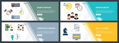 İş el sıkışma, pazarlama toplantısı, iletişim ekip çalışması ve strateji ile dikey web afiş vektör seti. Simge seti ile web sitesi ve mobil uygulama geliştirme için vektör afiş şablonu.