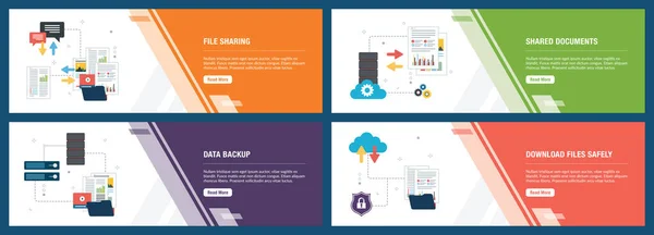 バナーは ファイル共有 共有ドキュメント データバックアップと安全にファイルをダウンロードして ウェブサイトやアプリテンプレート上のインターネットのためのアイコンで設定されています 技術とコンピュータアイコンセット モダンなフラットスタイルのデザイン — ストックベクタ