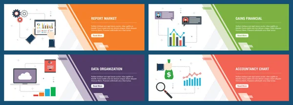 Concetto Banner Web Vettoriale Con Report Mercato Guadagni Finanziari Organizzazione — Vettoriale Stock