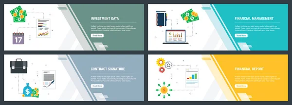 投資データ 財務管理 契約署名 財務報告書を含むベクトルのWebバナーコンセプト アイコンが設定されたインターネットウェブサイトのバナーコンセプト フラットデザインベクトルイラスト — ストックベクタ
