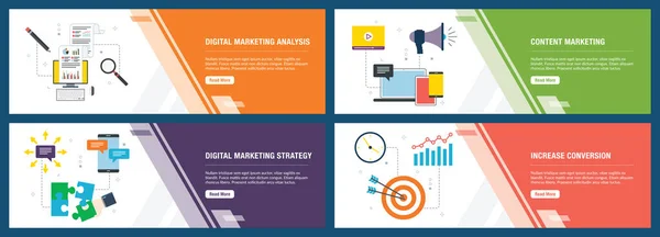 Web Banner Konzept Vektor Mit Digitaler Marketing Analyse Content Marketing — Stockvektor