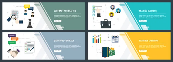 Vektorsatz Von Vertikalen Web Bannern Mit Vertragsverhandlungen Besprechungen Vertragsunterzeichnung Ergebniskalender — Stockvektor