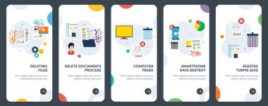 Veri, silme, bilgi, dosya ve bilgisayar çöpleri için konsept düz tasarım simgeleri kümesi. Web tasarımı, uygulamalar, mobil arayüz, bilgi grafikleri ve yazdırma tasarımı için UX, UI vektör şablon kiti.