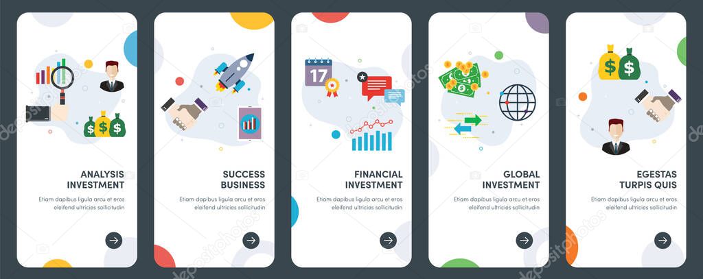 Set of concept flat design icons of investment, success, business,  and financial. UX, UI vector template kit for web design, applications, mobile interface, infographics and print design.