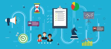 Stratejik proje yönetimi, iletişim ve pazarlama. Proje yönetimi, iş akışı, çalışma ekipleri ve zaman stratejisi kavramı. Düz tasarım vektör çizimi.