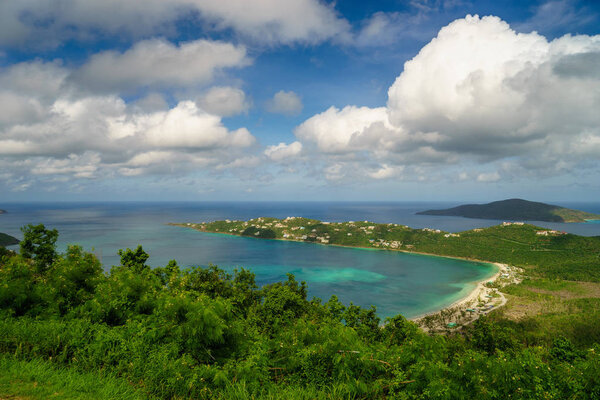 Aerial view of Magens Bay. Magens Bay, a tropical paradise dubbed as the most popular beach in St Thomas.