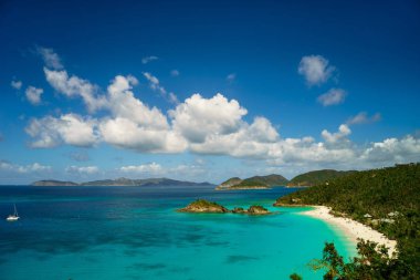 Ada beach ve yeşil tepeler, St John ABD Virgin Adaları ile güzel koyda.