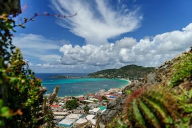 Philipsburg, Sint Maarten-ön planda bir kaktüs ile yüksek bir kayalığın görünümünden