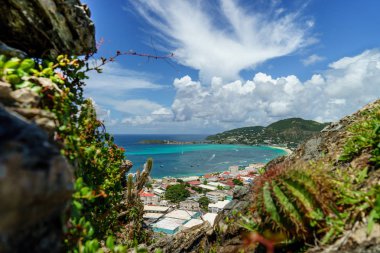 Philipsburg, Sint Maarten-ön planda bir kaktüs ile yüksek bir kayalığın görünümünden