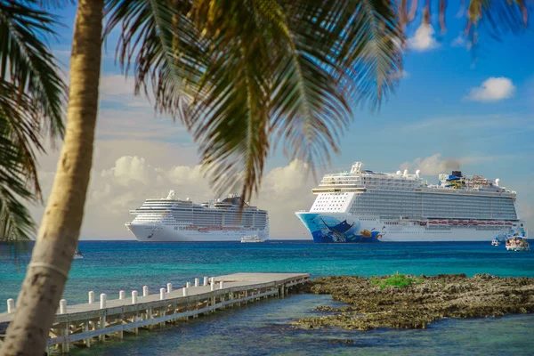 İki cruise gemi kristal mavi suda ıslatın ve palm ön plan