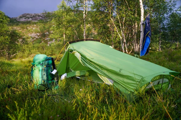 Tenda Fica Uma Clareira Campo Com Árvores — Fotografia de Stock