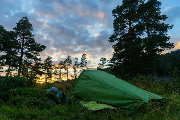 Camping on in the forest during the sunset or sunrise. Bright sunlight. Tents and forest trees. Concept of relaxation, holidays, recreation, meditation and rest.