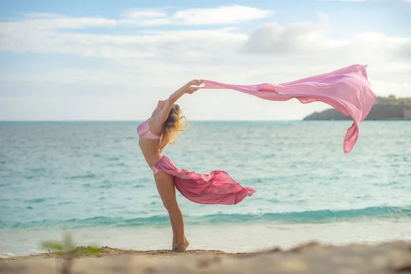 Concepto de libertad y felicidad. Mujer feliz en la playa en verano con seda rosa voladora — Foto de Stock