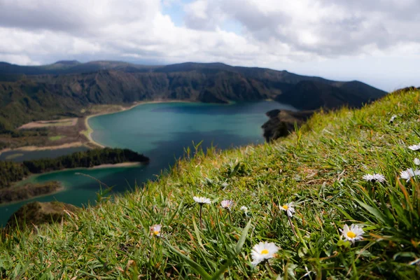 Gran vista del lago en la montaña con flores en primer plano. Escena dramática y pintoresca. Ponta Delgada. Sao Miguel. Isla de las Azores — Foto de Stock
