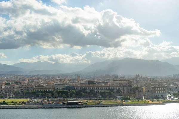 Aerial view from the sea of Palermo with mountains and clouds on background — Stock Photo, Image