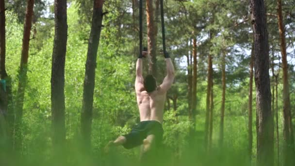 Man doet calisthenics in het groene park met TRX of luchtbanden in slow motion. Gezonde levensstijl en welzijn — Stockvideo
