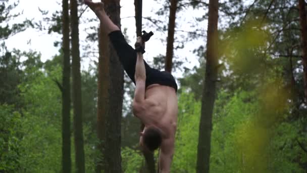 Cirkus artist gör kalisthenics i den gröna parken med antenn remmar slow motion — Stockvideo