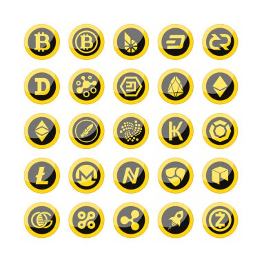 Cryptocurrency düğmeleri. Beyaz bir arka plan üzerinde ayarlayın. Düğmeleri alfabetik sırayla düzenlenir. 