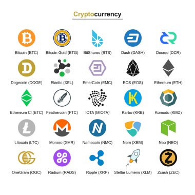 Cryptocurrency rozetleri. Beyaz bir arka plan üzerinde ayarlayın. Simgeler alfabetik sırayla düzenlenir. 