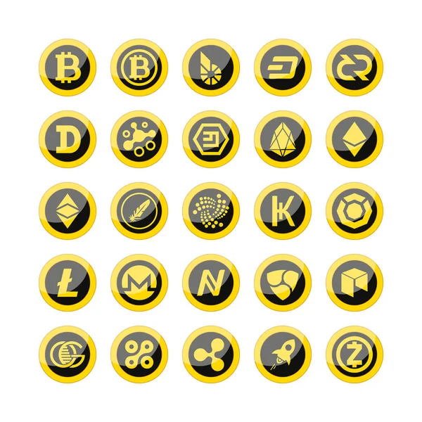 Cryptocurrency düğmeleri. Beyaz bir arka plan üzerinde ayarlayın. Düğmeleri alfabetik sırayla düzenlenir. 