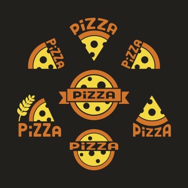 Pizza. Karanlık bir arka plan üzerinde izole simgeler kümesi. 