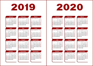 Takvim 2020 2019 için. Kırmızı ve siyah harfler ve şekiller üzerinde beyaz bir arka plan. 