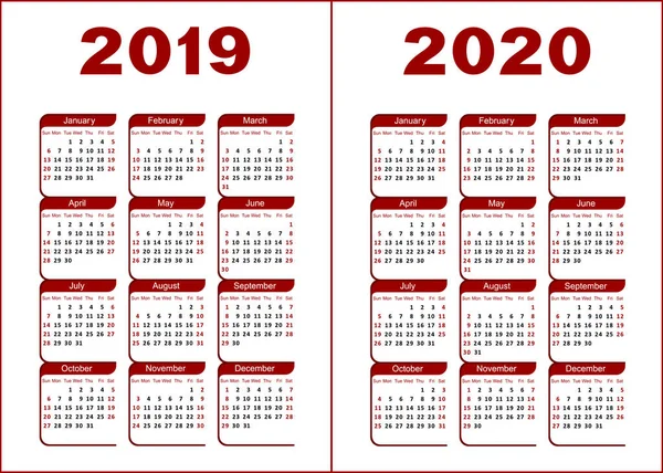 Calendário Para 2019 2020 Letras Figuras Vermelhas Pretas Sobre Fundo —  Vetores de Stock