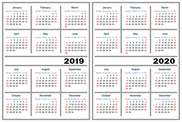 Modello Calendario Colore Bianco Calendario 2019 2020 — Vettoriale Stock