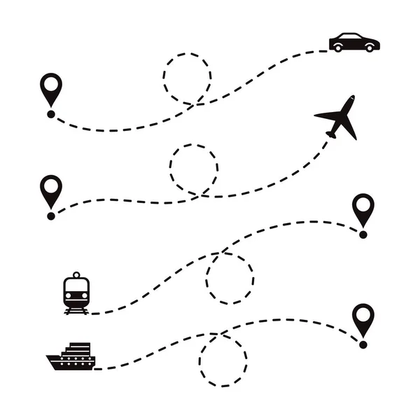 Routes Reis Verschillende Vervoer Instellen Van Gestippelde Routes Een Witte Vectorbeelden