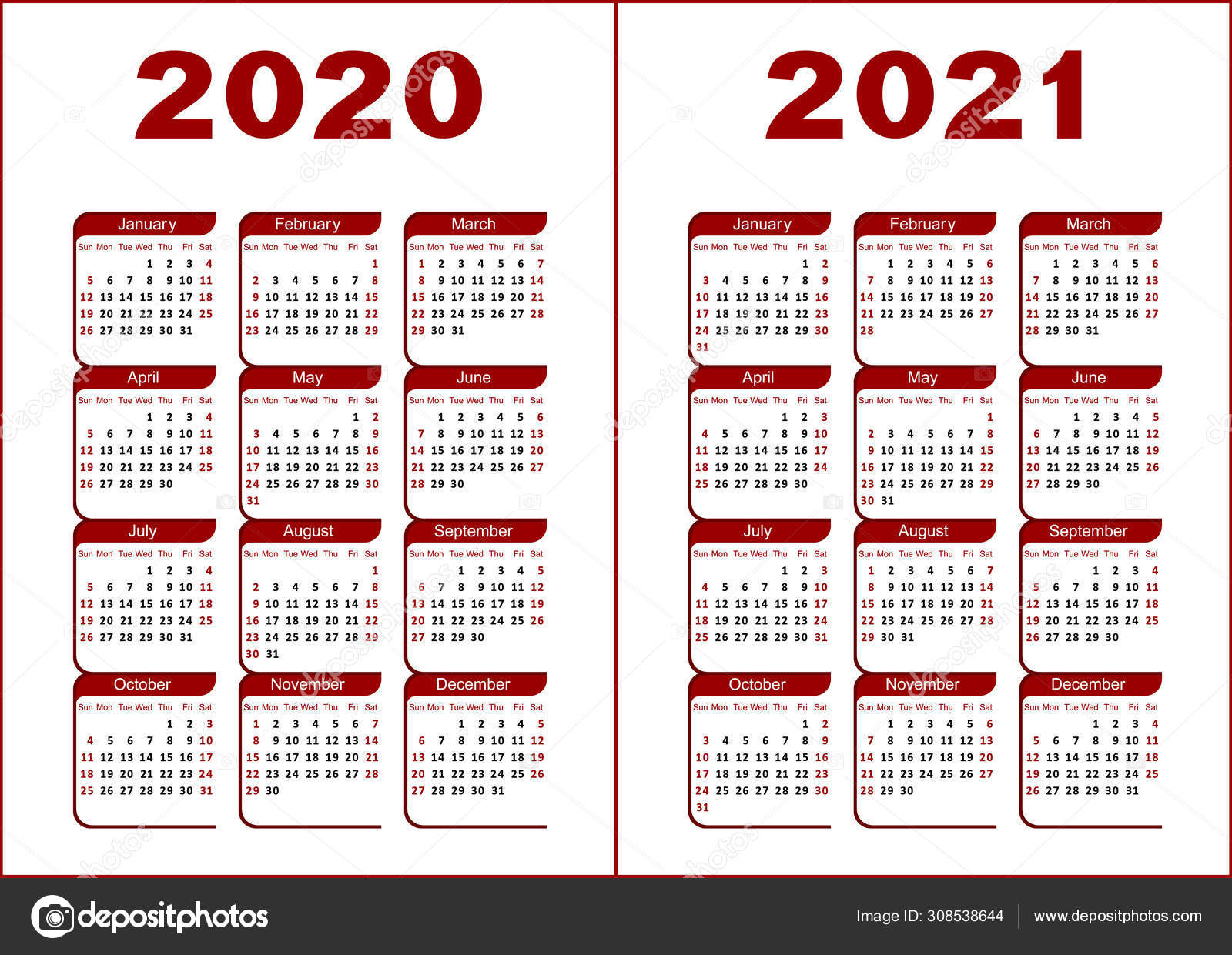 Calendar 2020 2021 Red Black Letters Figures White ...