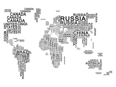 Dünya Haritası. Beyaz Arka Plan'da siyah. Ülkeler Yazıtlarla İşaretlenmiştir. 