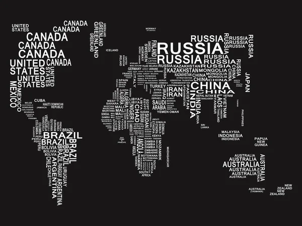 Mapa Świata Biały Czarnym Tle Kraje Oznaczone Napisami Grafika Wektorowa